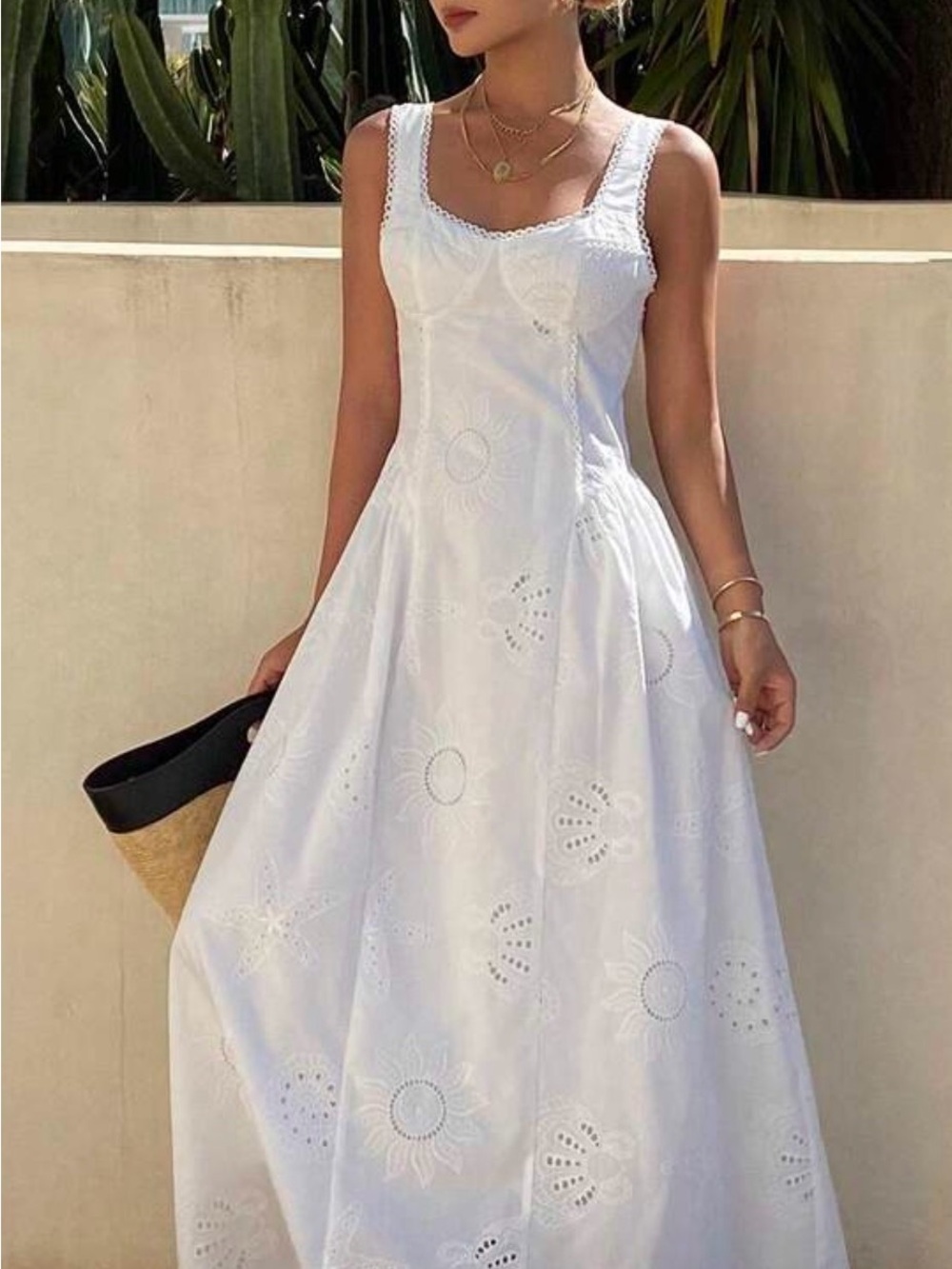 Women's White Eyelet Maxi Dress with Square Neck